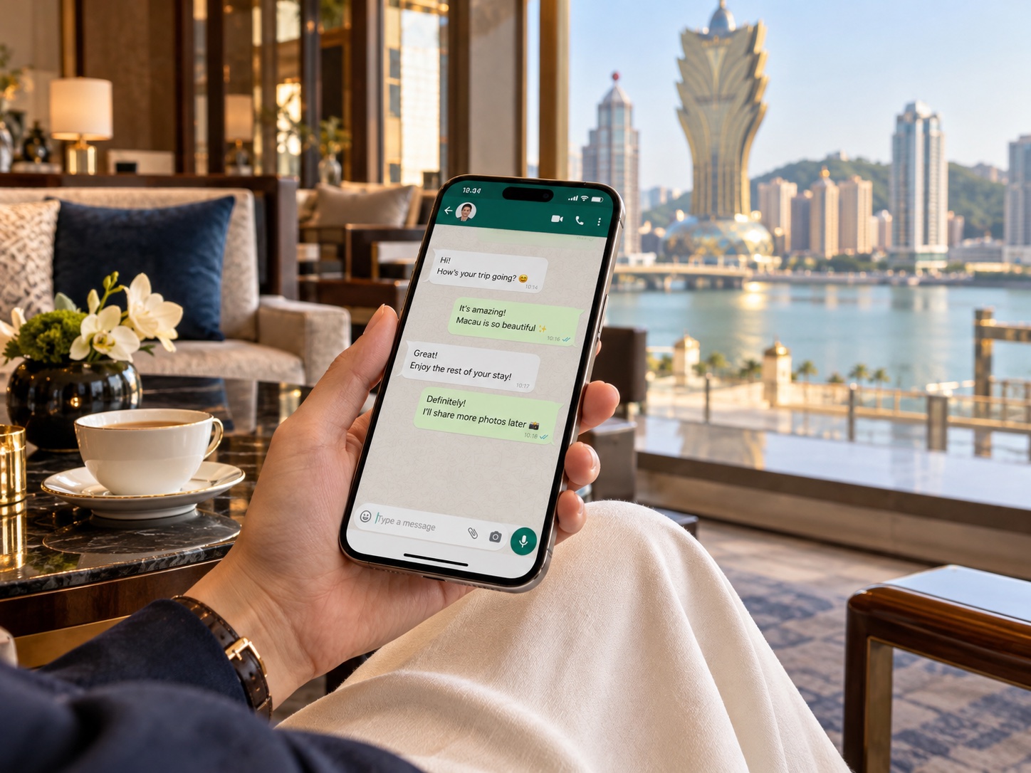 マカオのホテルラウンジでWhatsAppを確認する旅行者